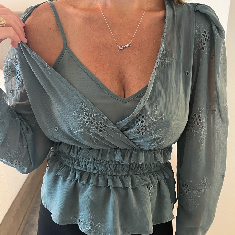 ASTR The Label sage green bubble sleeve sheer top with built in cami size XS